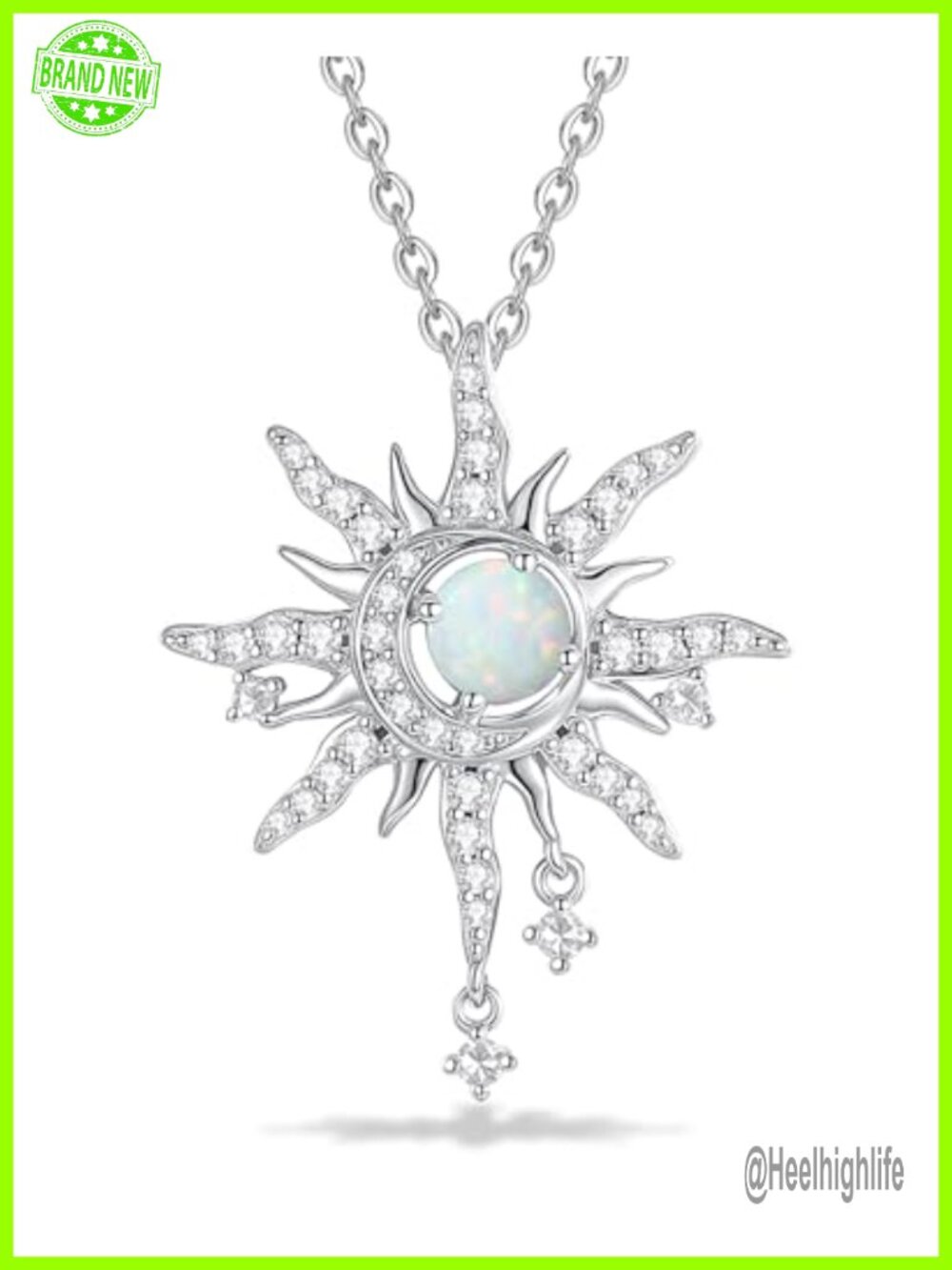 Sterling Silver Opal Moon Sun Pendant Necklace Adjustable Chain